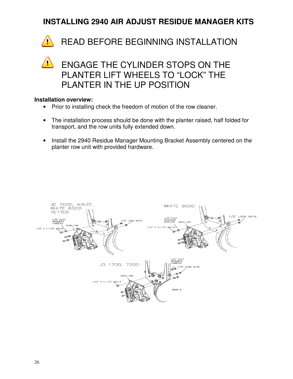 Read before beginning installation, Installing 2940 air adjust residue manager kits | Yetter 2940 Short Floating Air Adjust Residue Manager User Manual | Page 26 / 86