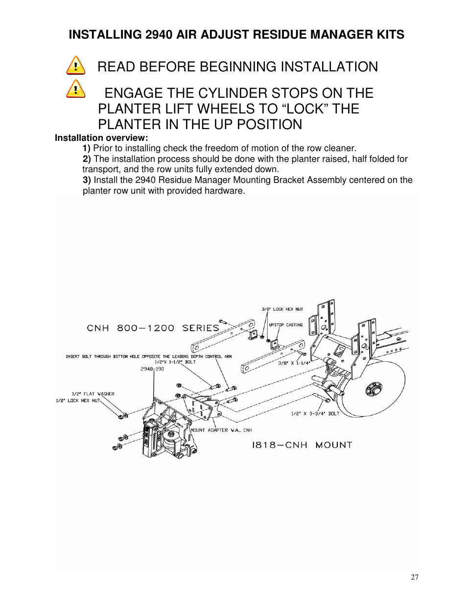 Read before beginning installation, Installing 2940 air adjust residue manager kits | Yetter 2940 Short Floating Air Adjust Residue Manager User Manual | Page 27 / 86