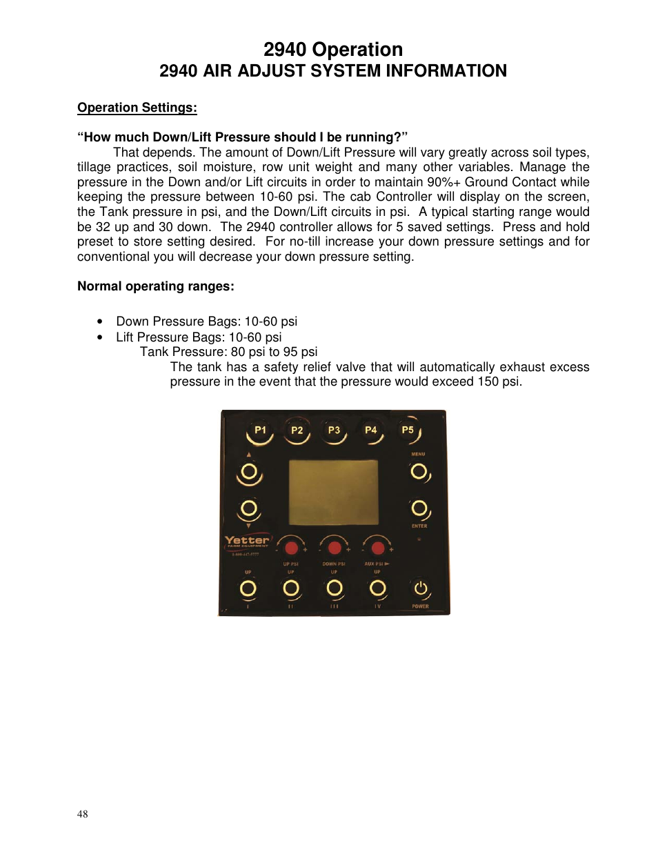 2940 operation | Yetter 2940 Short Floating Air Adjust Residue Manager User Manual | Page 48 / 86