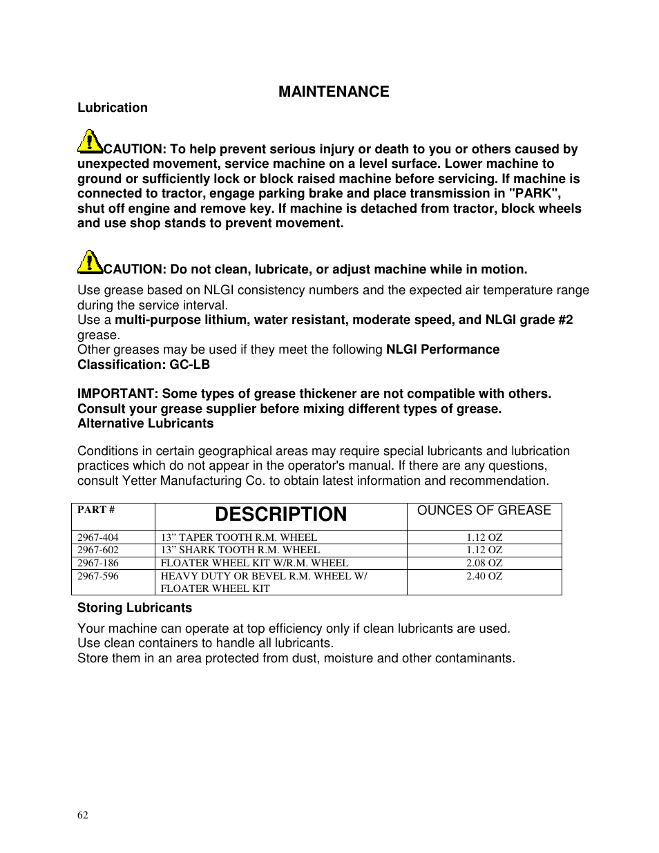 Description, Maintenance | Yetter 2940 Short Floating Air Adjust Residue Manager User Manual | Page 62 / 86