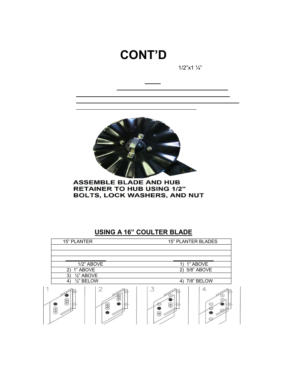 Installation instructions cont’d, Coulter arm installation instructions, Using a 16” coulter blade | Yetter 2940-010 Combo User Manual | Page 7 / 14