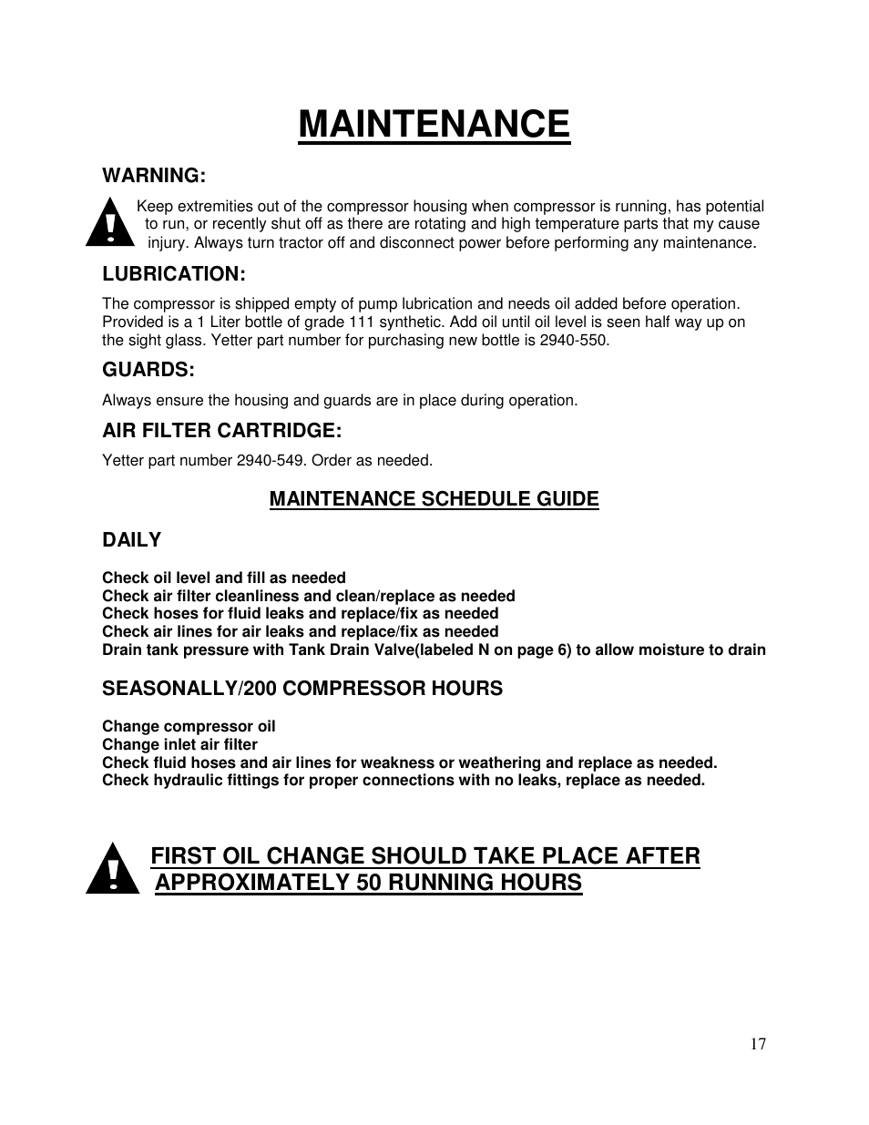 Maintenance | Yetter 2940-055 Hydraulic Compressor User Manual | Page 17 / 24