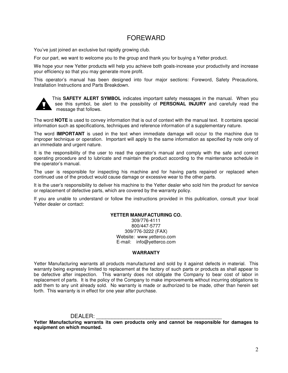 Foreward, Dealer | Yetter 2940-055 Hydraulic Compressor User Manual | Page 2 / 24