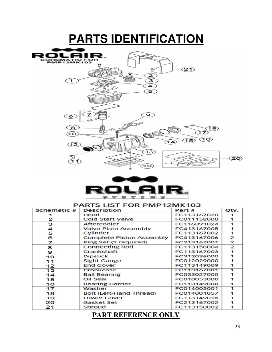 Parts identification, Part reference only | Yetter 2940-055 Hydraulic Compressor User Manual | Page 23 / 24