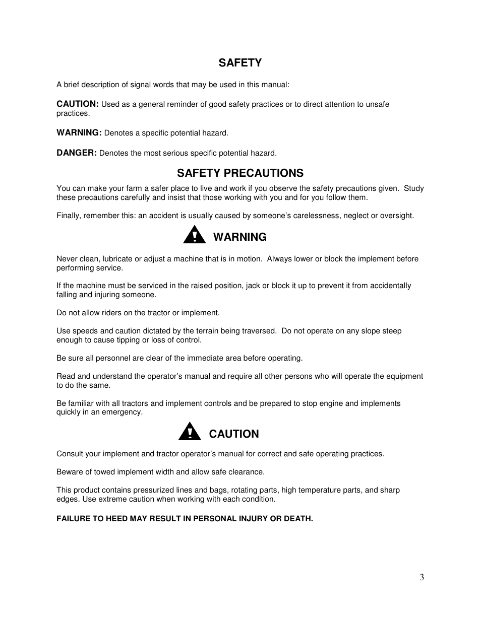 Safety, Safety precautions, Warning | Caution | Yetter 2940-055 Hydraulic Compressor User Manual | Page 3 / 24
