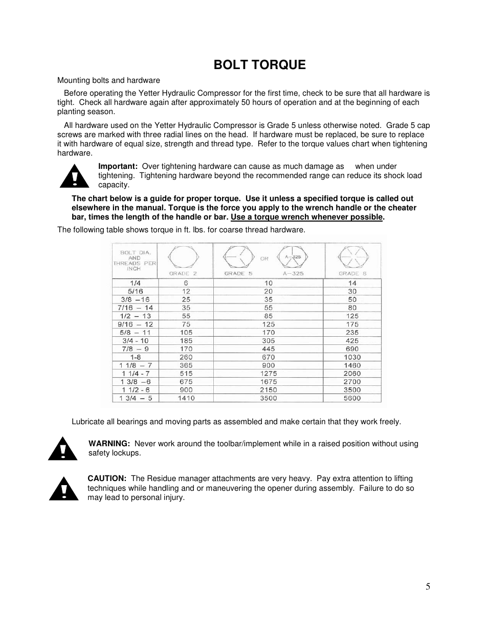 Bolt torque | Yetter 2940-055 Hydraulic Compressor User Manual | Page 5 / 24