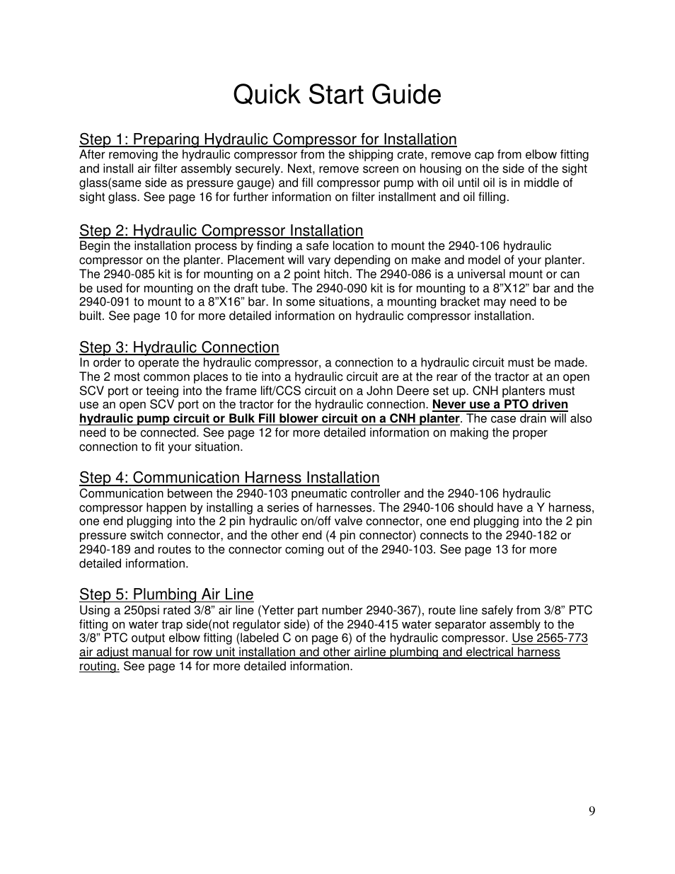 Quick start guide | Yetter 2940-055 Hydraulic Compressor User Manual | Page 9 / 24