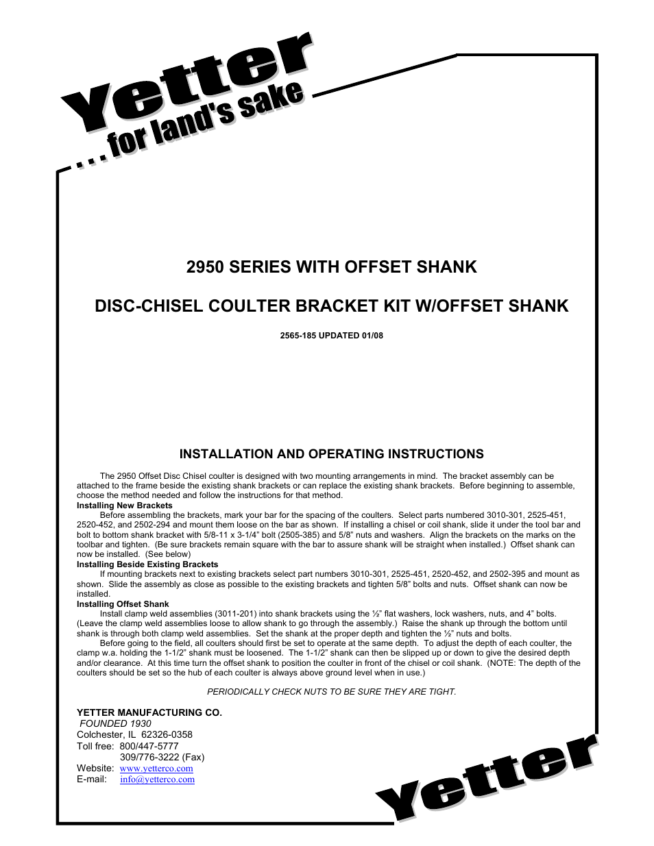 Yetter 2950 Series Coulter User Manual | 2 pages