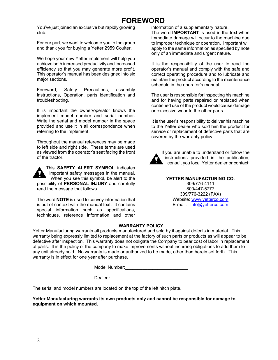 Foreword | Yetter 2959 Row Unit Mounted Fertilizer Coulter User Manual | Page 2 / 12