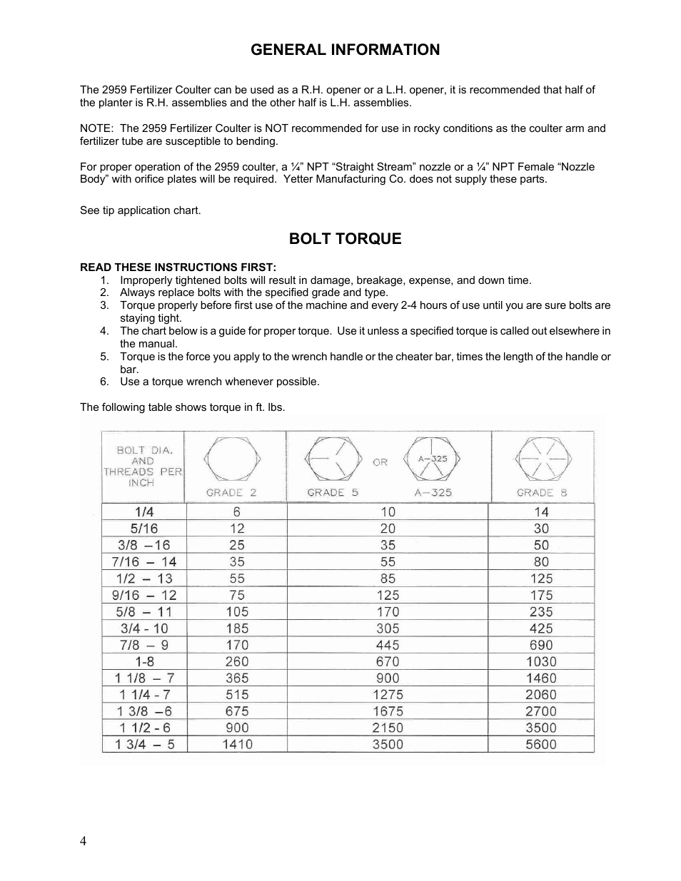 General information, Bolt torque | Yetter 2959 Row Unit Mounted Fertilizer Coulter User Manual | Page 4 / 12