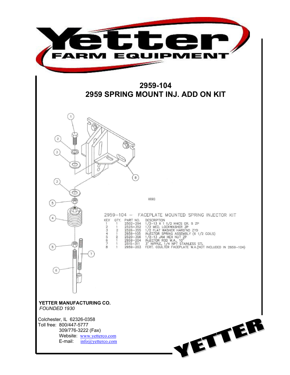 Yetter 2959-104 Spring Mount Inj. User Manual | 3 pages