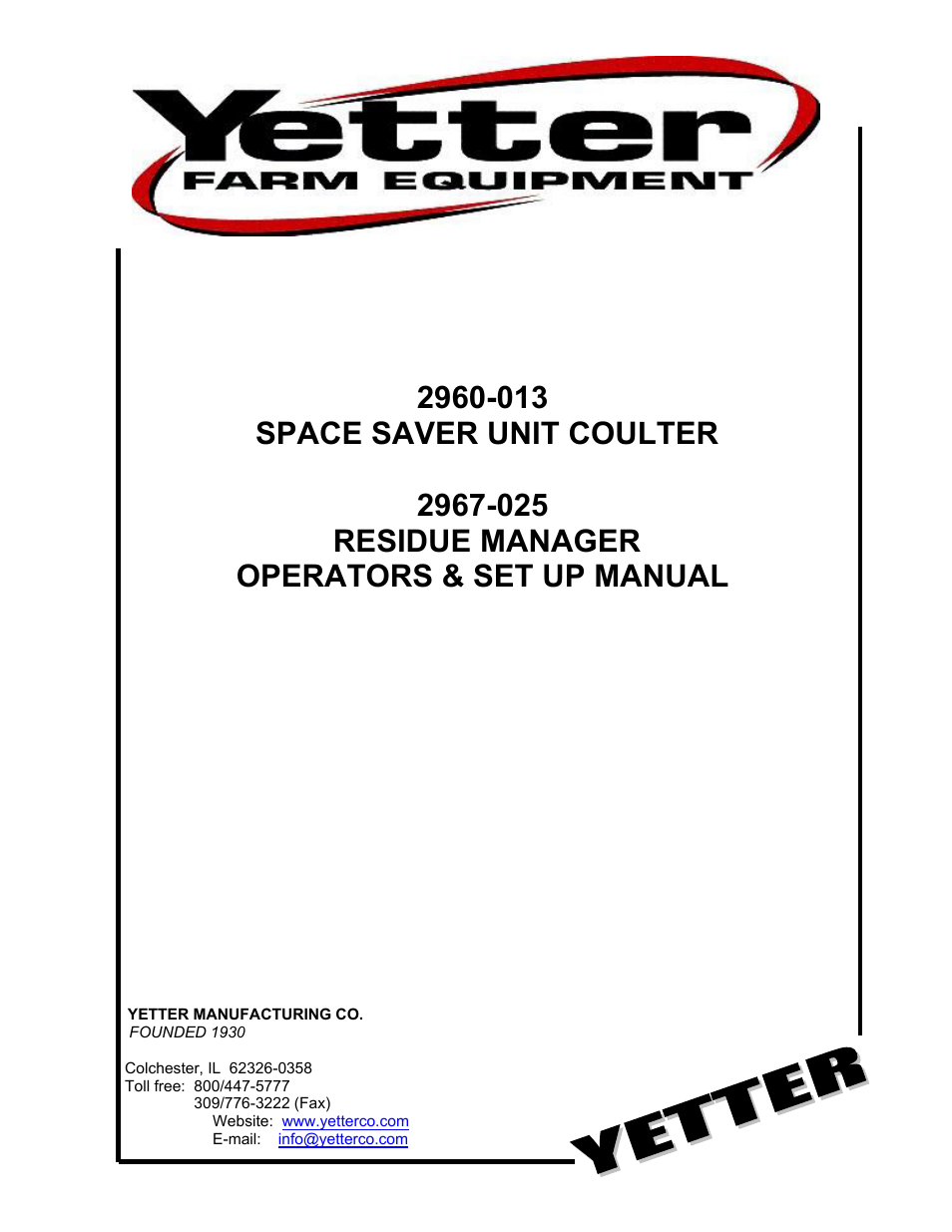 Yetter 2967-025 Residue Manager User Manual | 16 pages