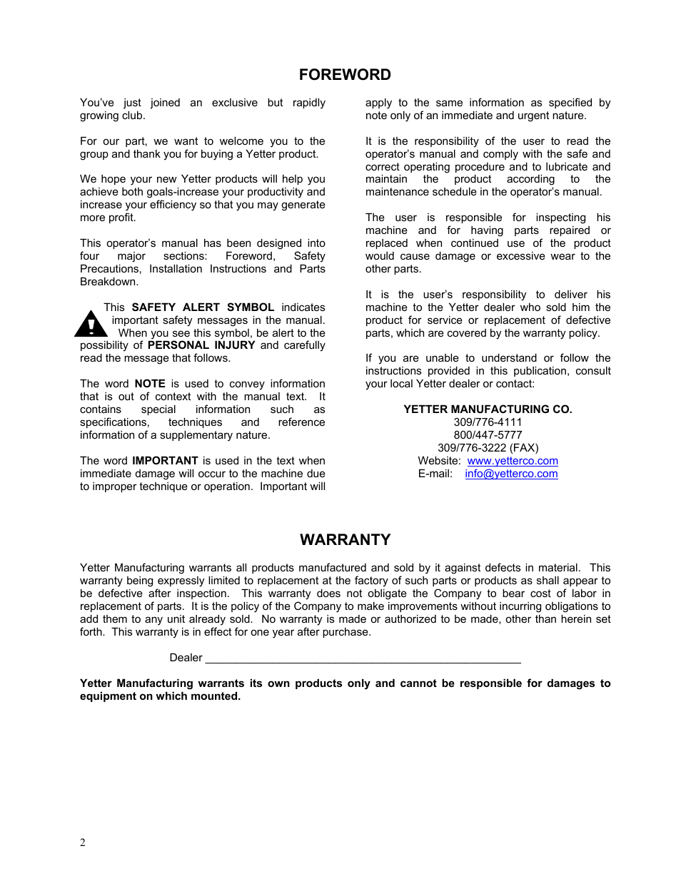 Foreword, Warranty | Yetter 2967-025 Residue Manager User Manual | Page 2 / 16