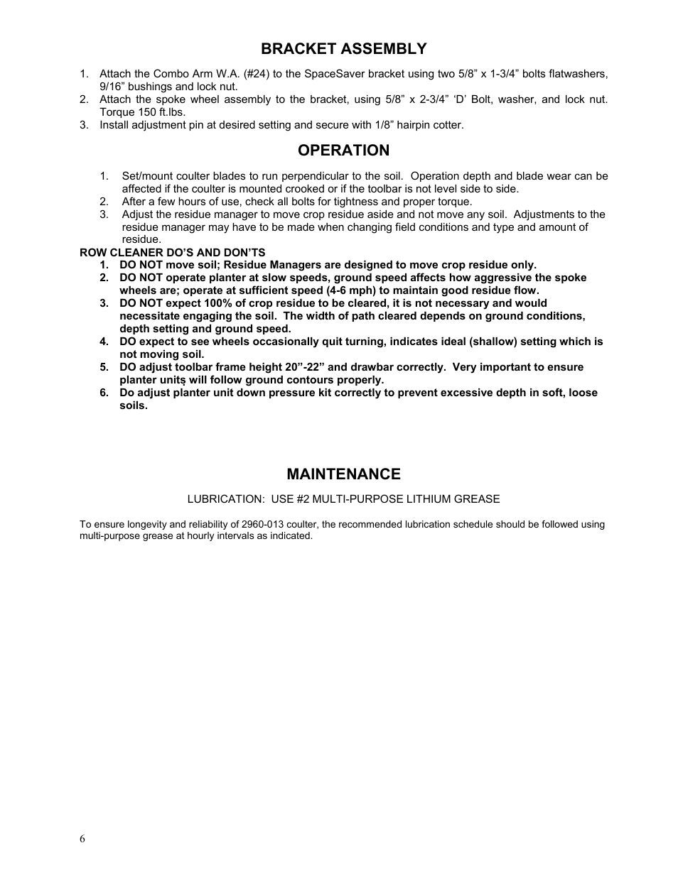 Bracket assembly, Operation, Maintenance | Yetter 2967-025 Residue Manager User Manual | Page 6 / 16