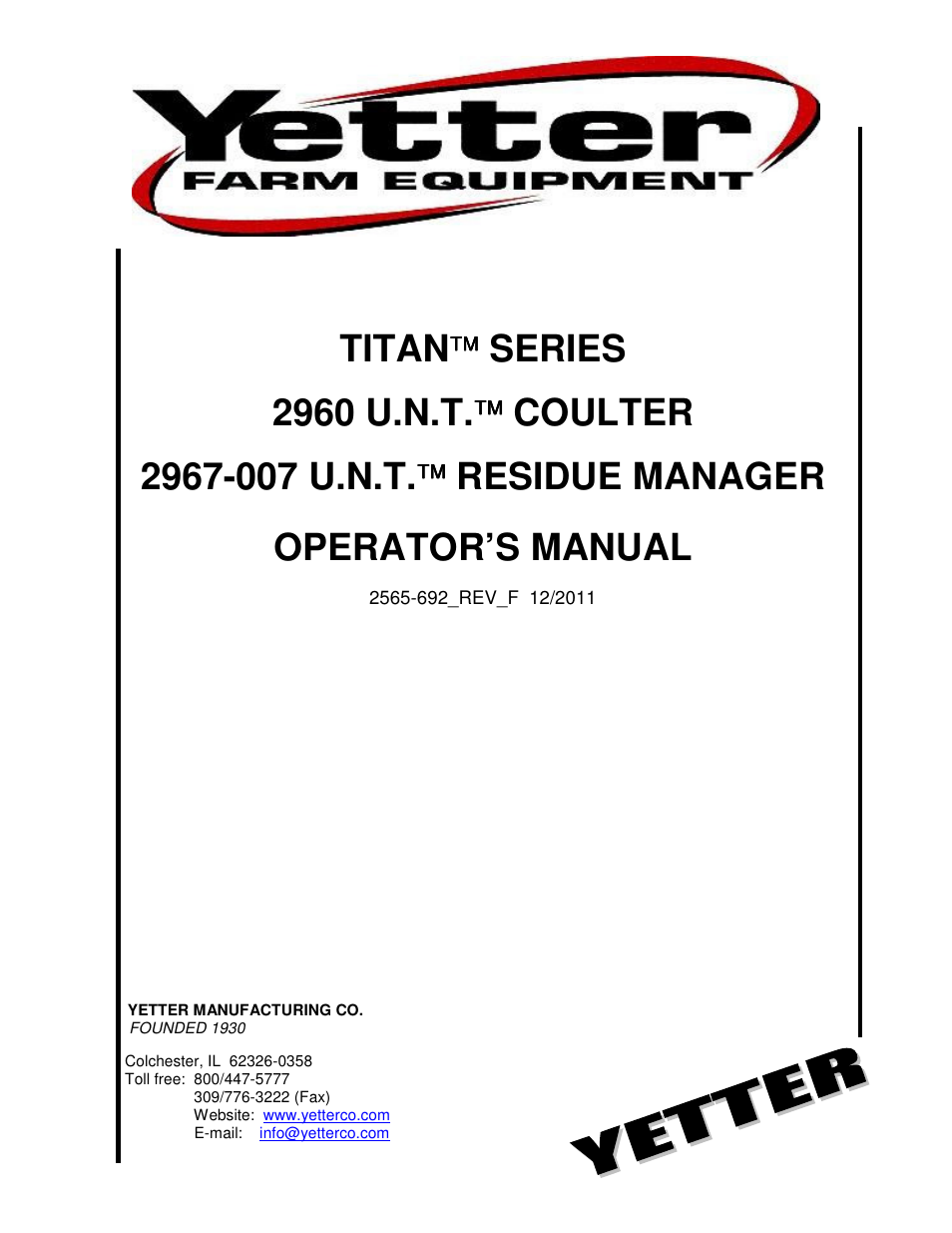Yetter 2967-007 U.N.T. Residue Manager User Manual | 28 pages