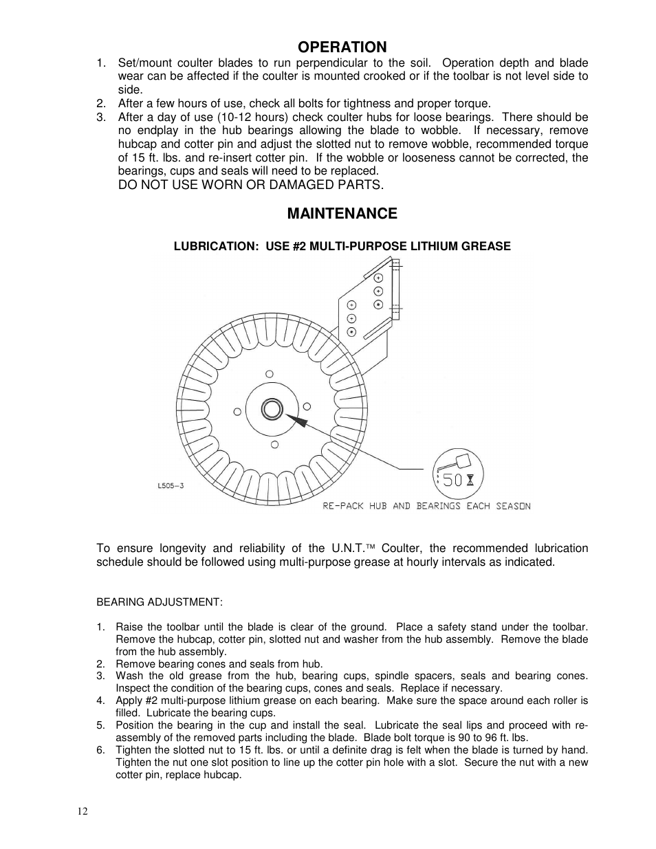 Operation, Maintenance | Yetter 2967-007 U.N.T. Residue Manager User Manual | Page 12 / 28