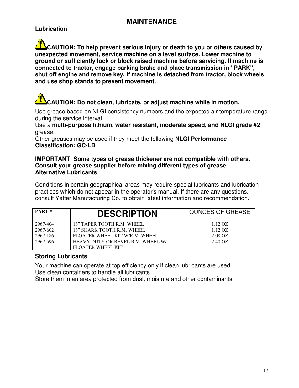 Description, Maintenance | Yetter 2967-007 U.N.T. Residue Manager User Manual | Page 17 / 28