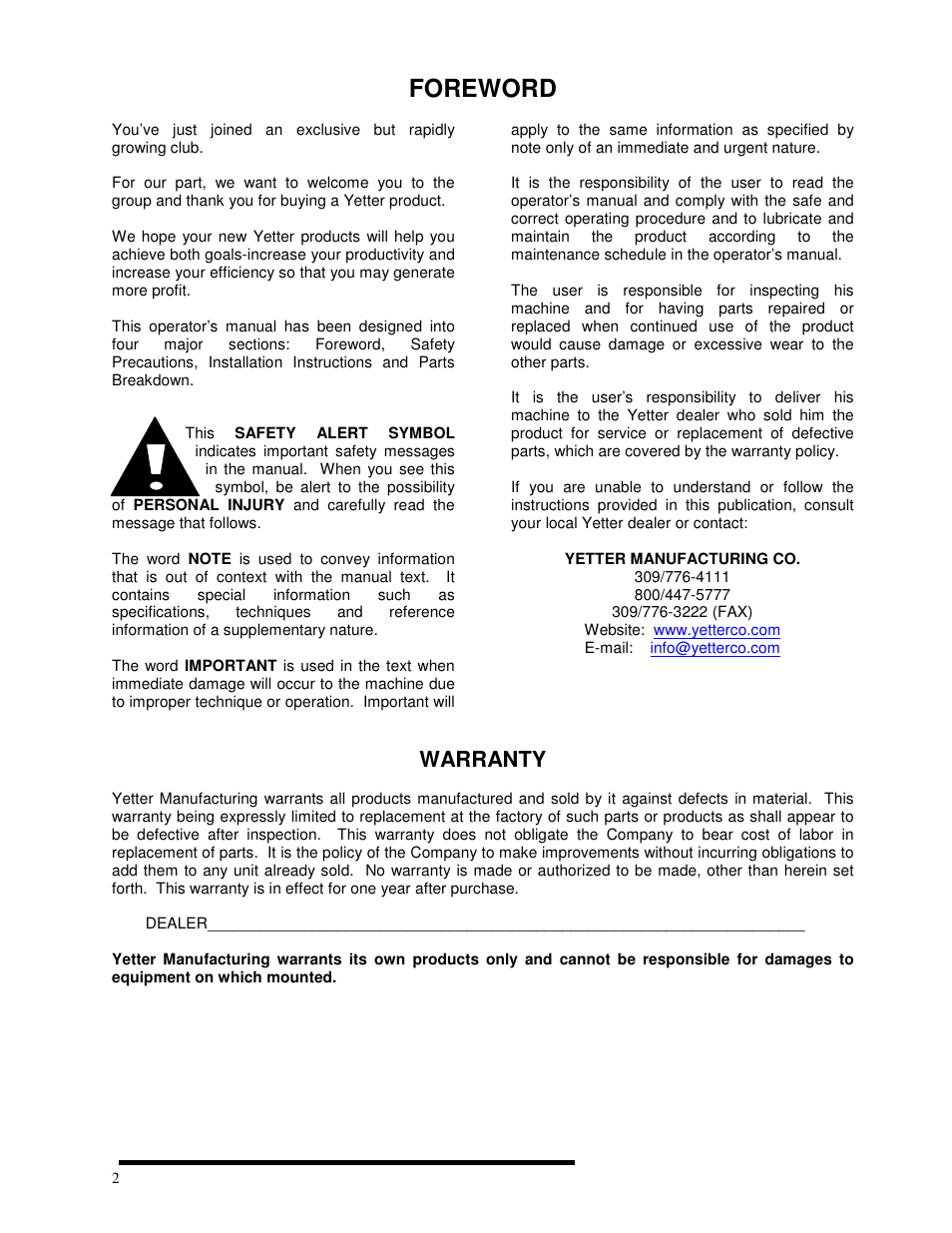 Foreword, Warranty | Yetter 2967-007 U.N.T. Residue Manager User Manual | Page 2 / 28