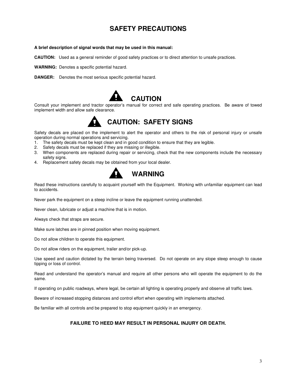 Safety precautions, Caution, Caution: safety signs | Warning | Yetter 2967-007 U.N.T. Residue Manager User Manual | Page 3 / 28