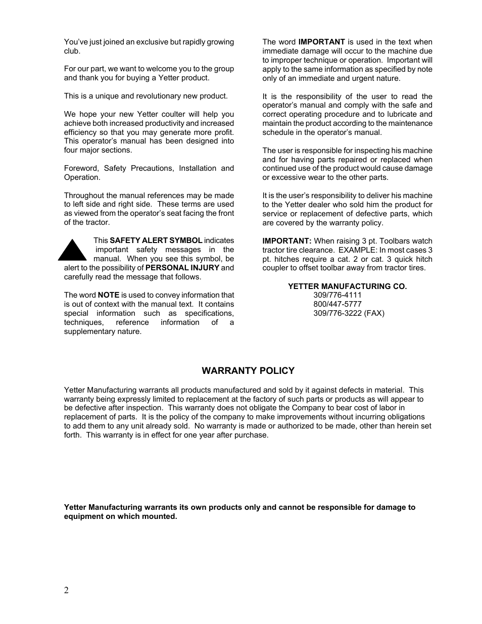 Yetter 2960-020 Unit Mounted Conservation Coulter for 800/900/950/955/1200 Cyclo Planters User Manual | Page 2 / 12