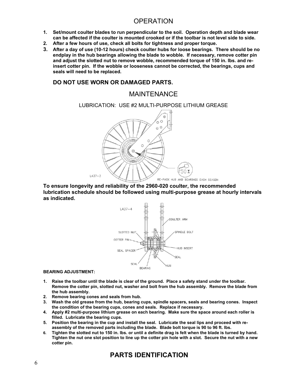 Operation, Maintenance, Parts identification | Yetter 2960-020 Unit Mounted Conservation Coulter for 800/900/950/955/1200 Cyclo Planters User Manual | Page 6 / 12