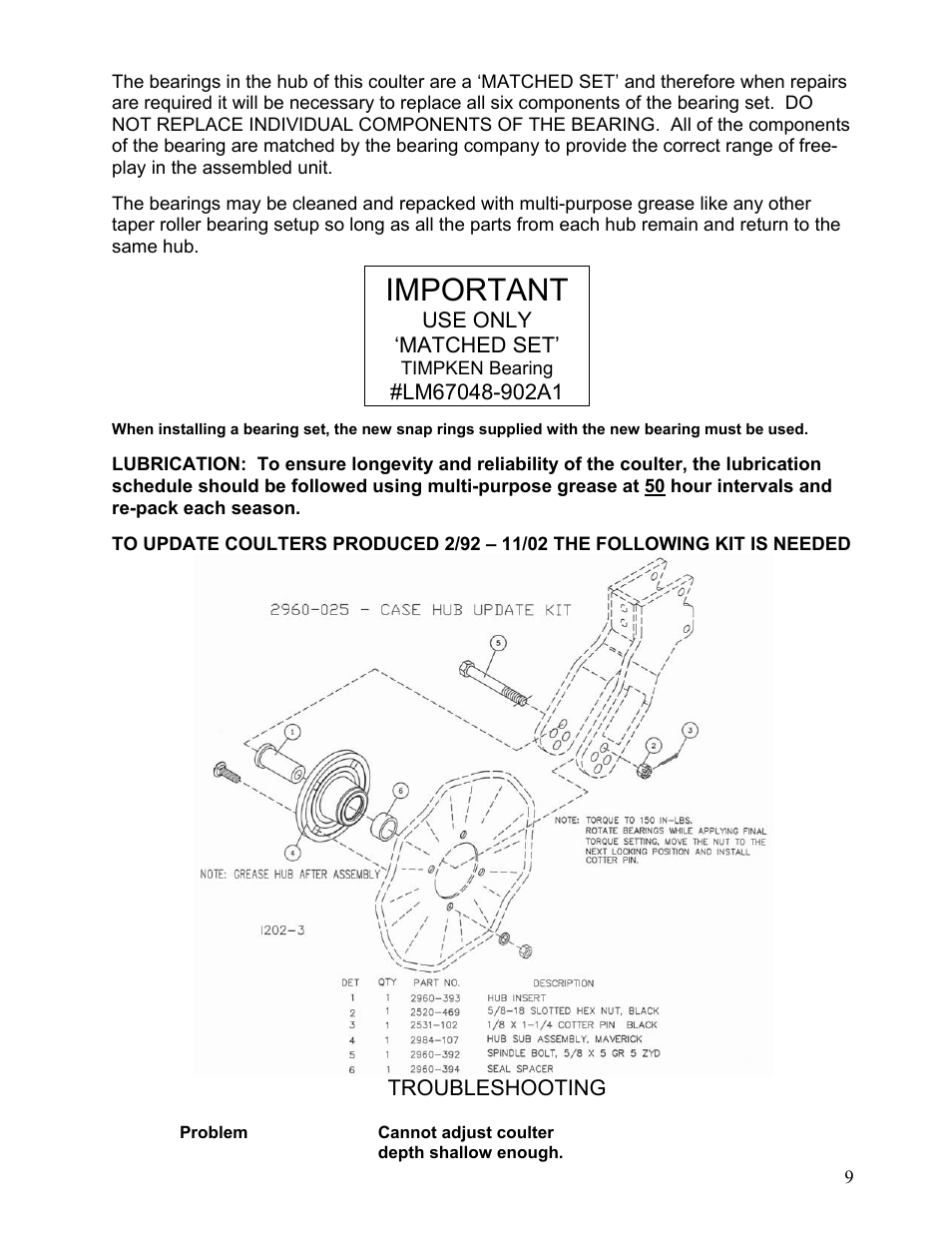 Important | Yetter 2960-020 Unit Mounted Conservation Coulter for 800/900/950/955/1200 Cyclo Planters User Manual | Page 9 / 12