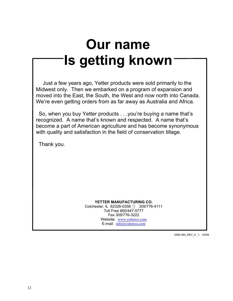 Our name is getting known | Yetter 2960-130 Unit Mounted User Manual | Page 12 / 12
