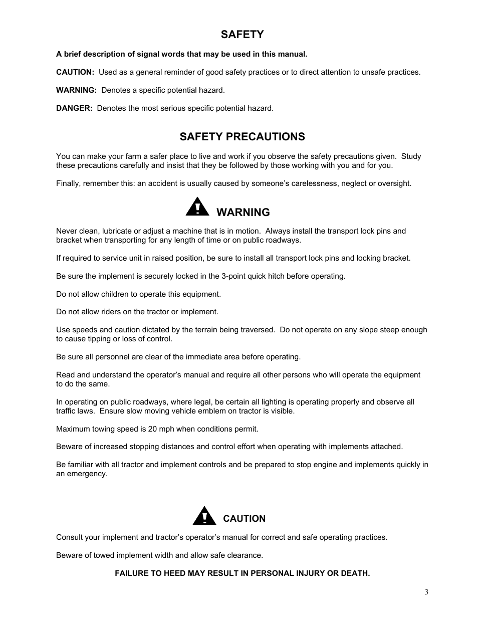 Safety, Safety precautions, Warning | Yetter 2960-130 Unit Mounted User Manual | Page 3 / 12
