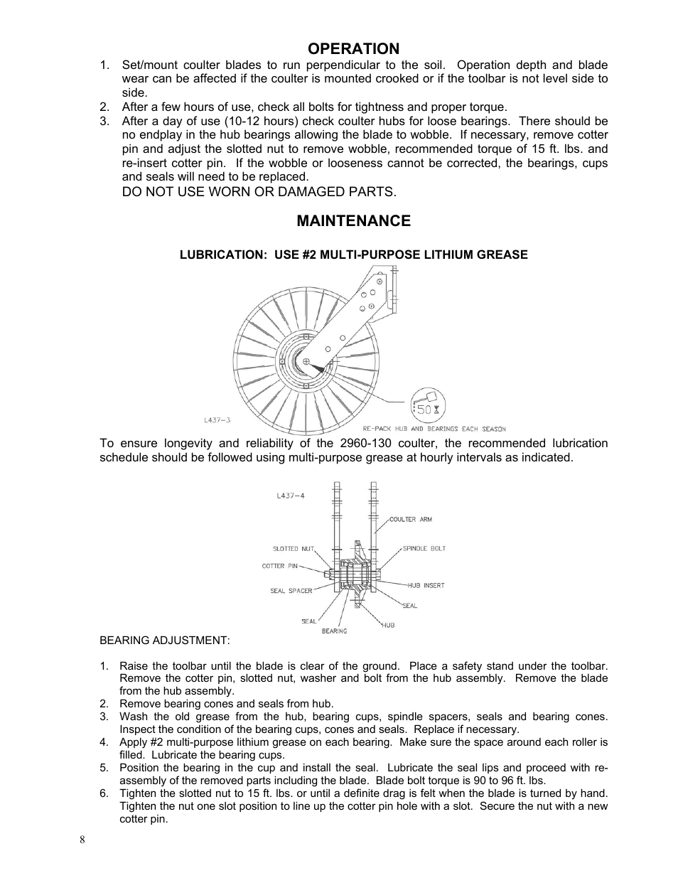Operation, Maintenance | Yetter 2960-130 Unit Mounted User Manual | Page 8 / 12