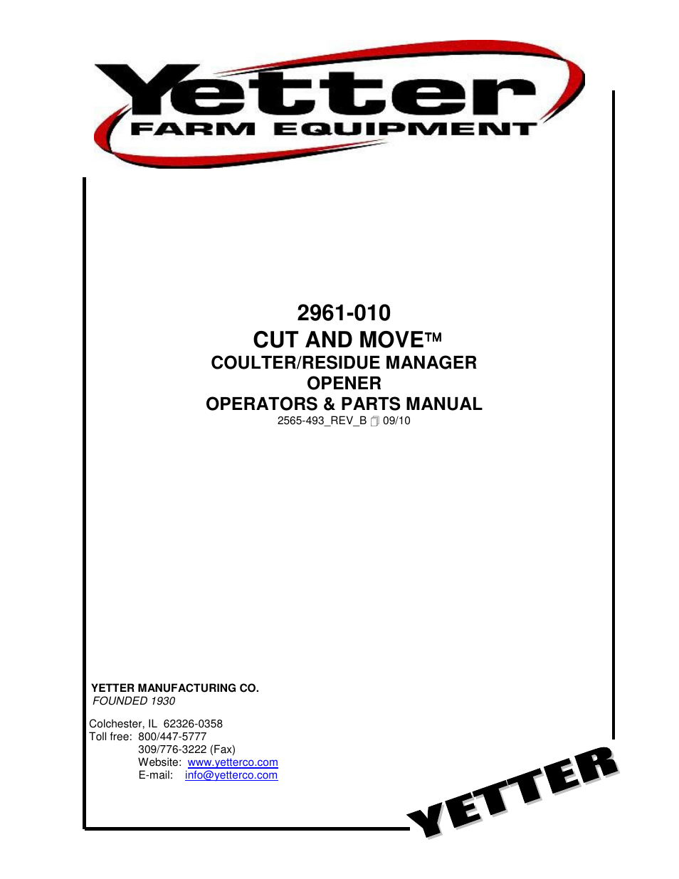 Yetter 2961-010-015 Cut and Move Coulter/Residue Manager Opener User Manual | 28 pages