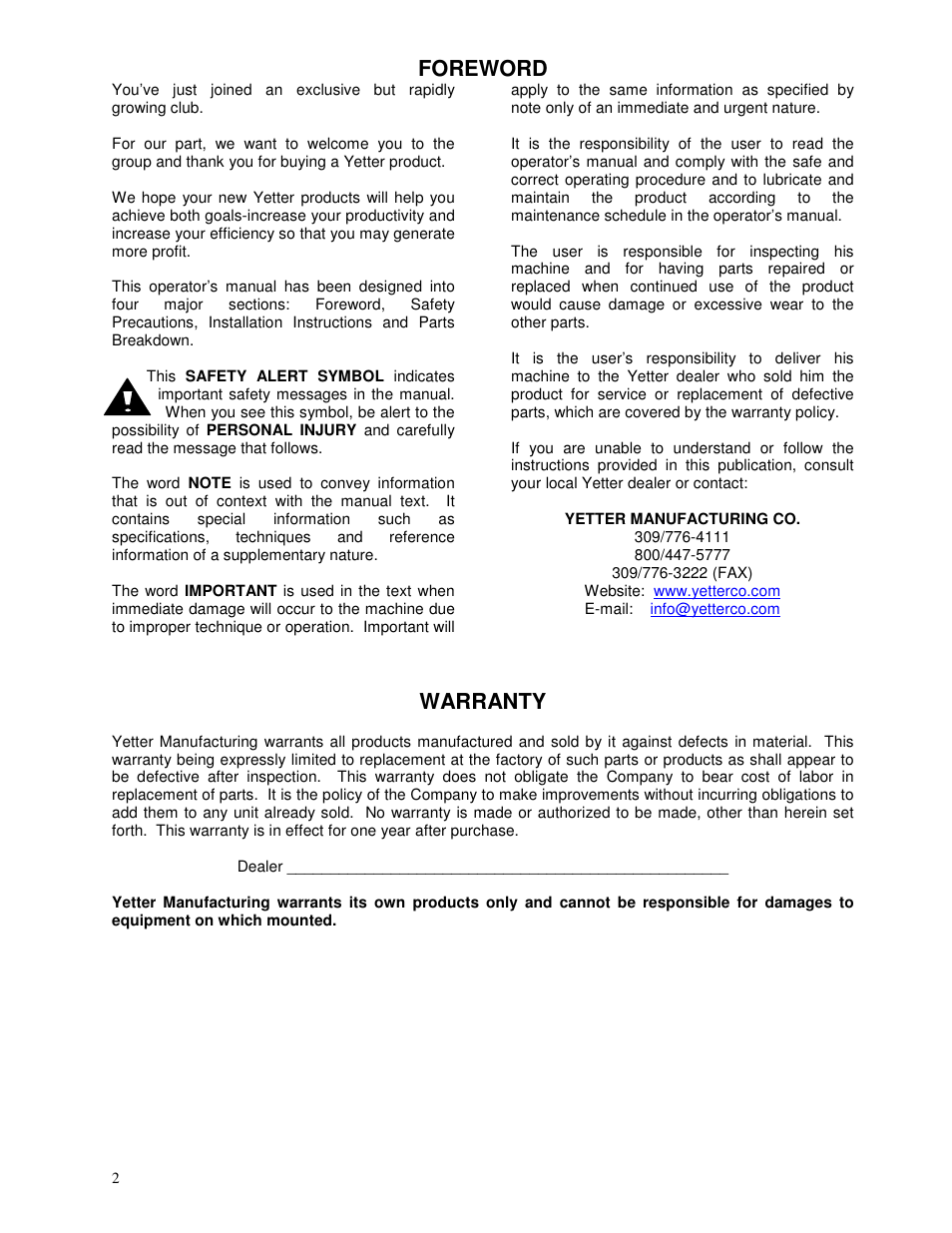 Foreword, Warranty | Yetter 2961-010-015 Cut and Move Coulter/Residue Manager Opener User Manual | Page 2 / 28