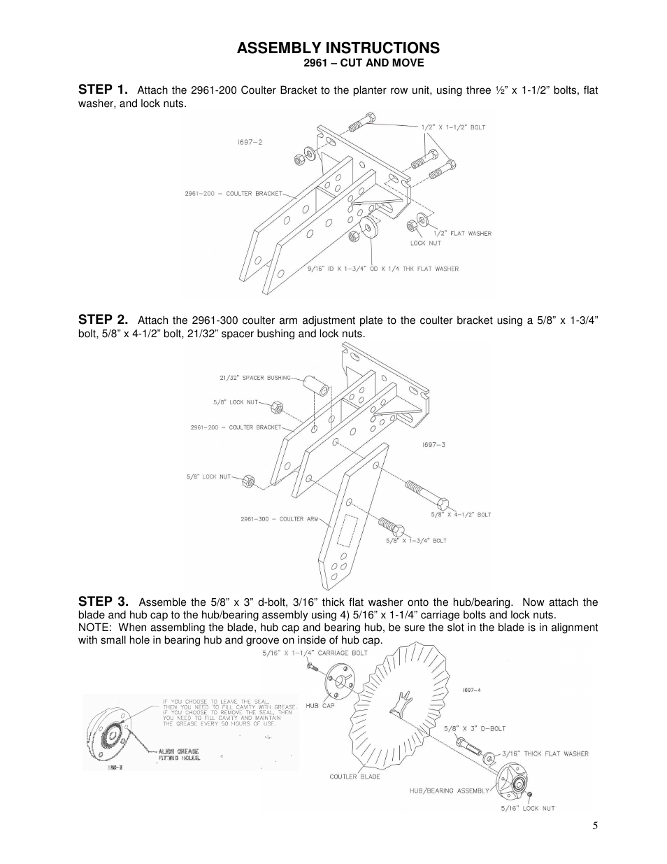 Assembly instructions | Yetter 2961-010-015 Cut and Move Coulter/Residue Manager Opener User Manual | Page 5 / 28