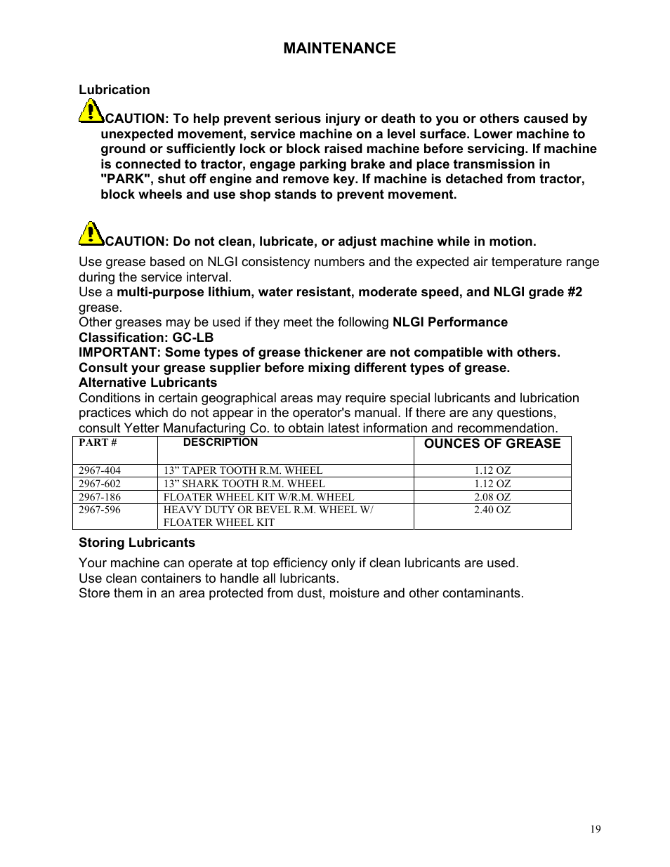 Maintenance | Yetter 2961-012 Cut and Feed Coulter/Fertilizer User Manual | Page 19 / 28