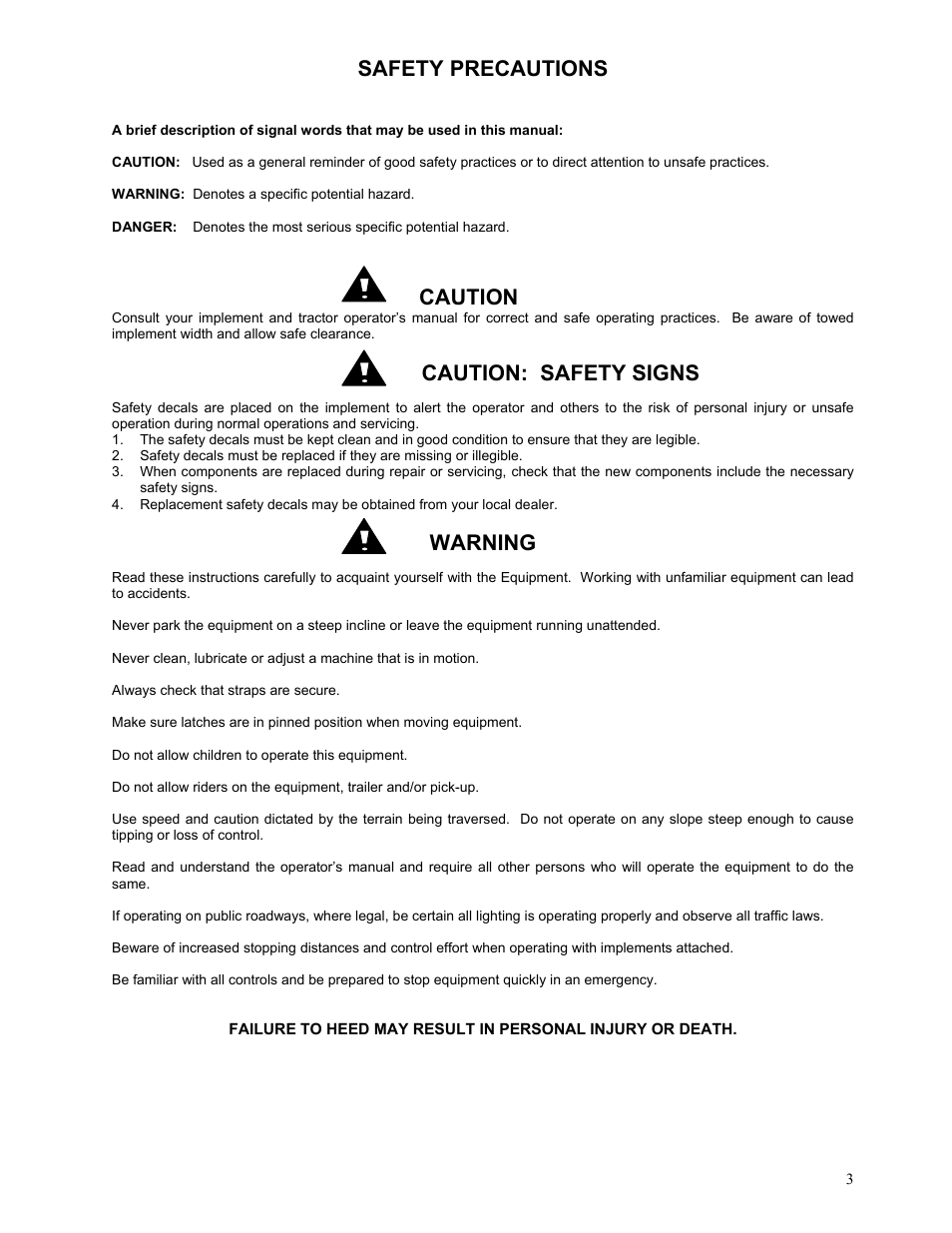 Safety precautions, Caution, Caution: safety signs | Warning | Yetter 2961-012 Cut and Feed Coulter/Fertilizer User Manual | Page 3 / 28