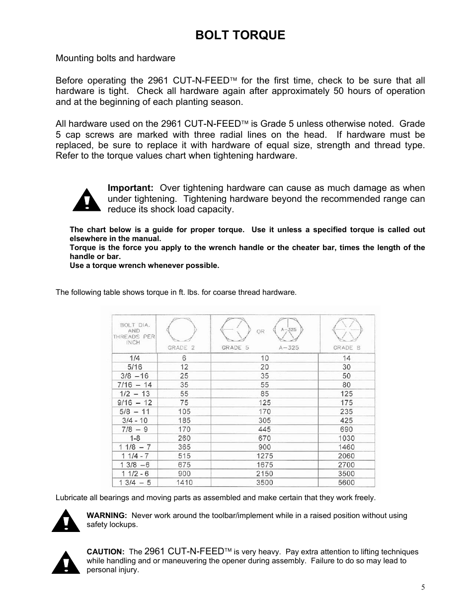 Bolt torque | Yetter 2961-012 Cut and Feed Coulter/Fertilizer User Manual | Page 5 / 28