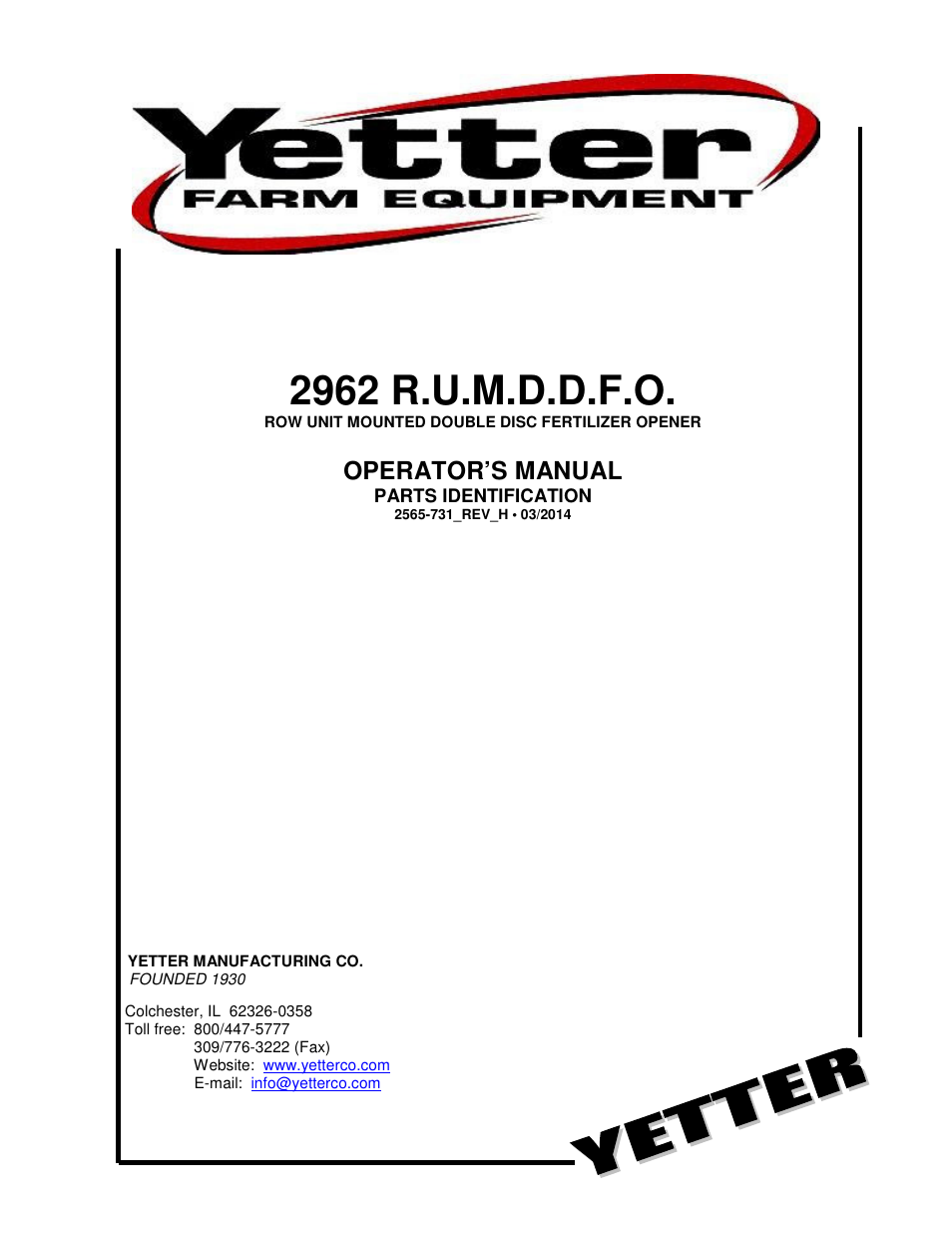 Yetter 2962 R.U.M.D.D.F.O. User Manual | 28 pages