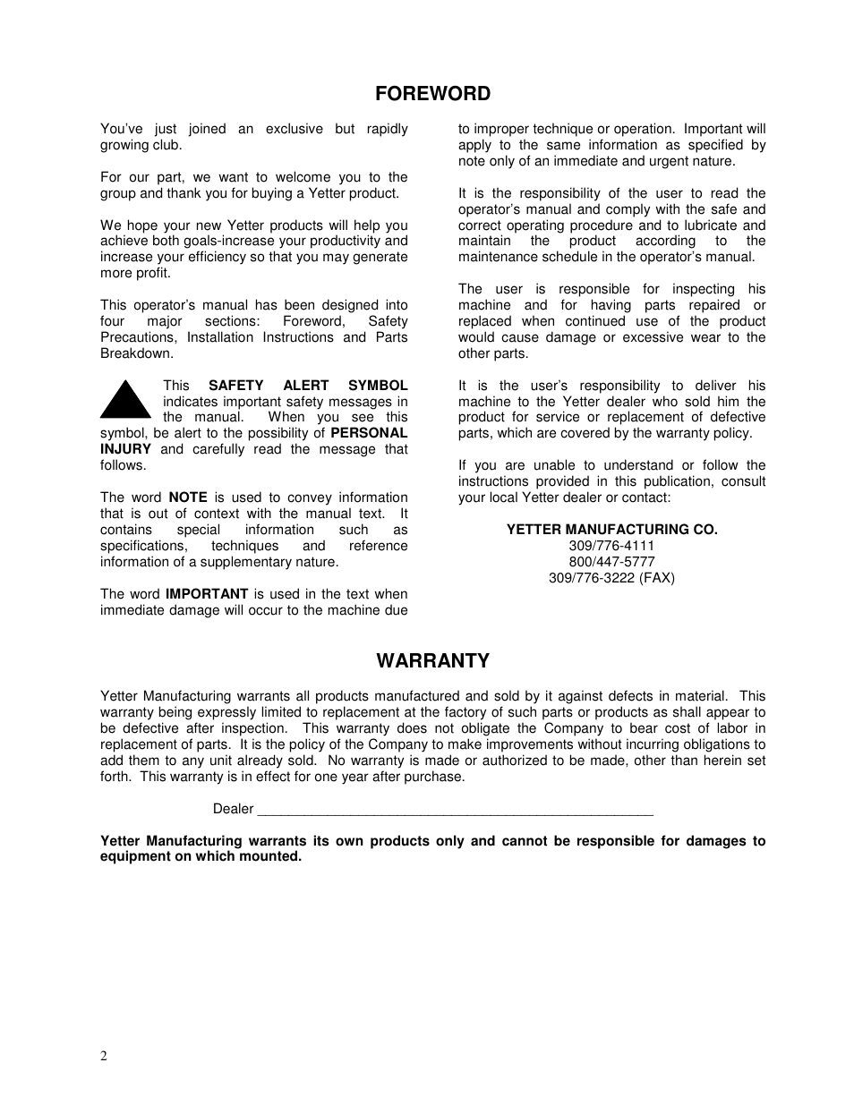 Foreword, Warranty | Yetter 2962 R.U.M.D.D.F.O. User Manual | Page 2 / 28