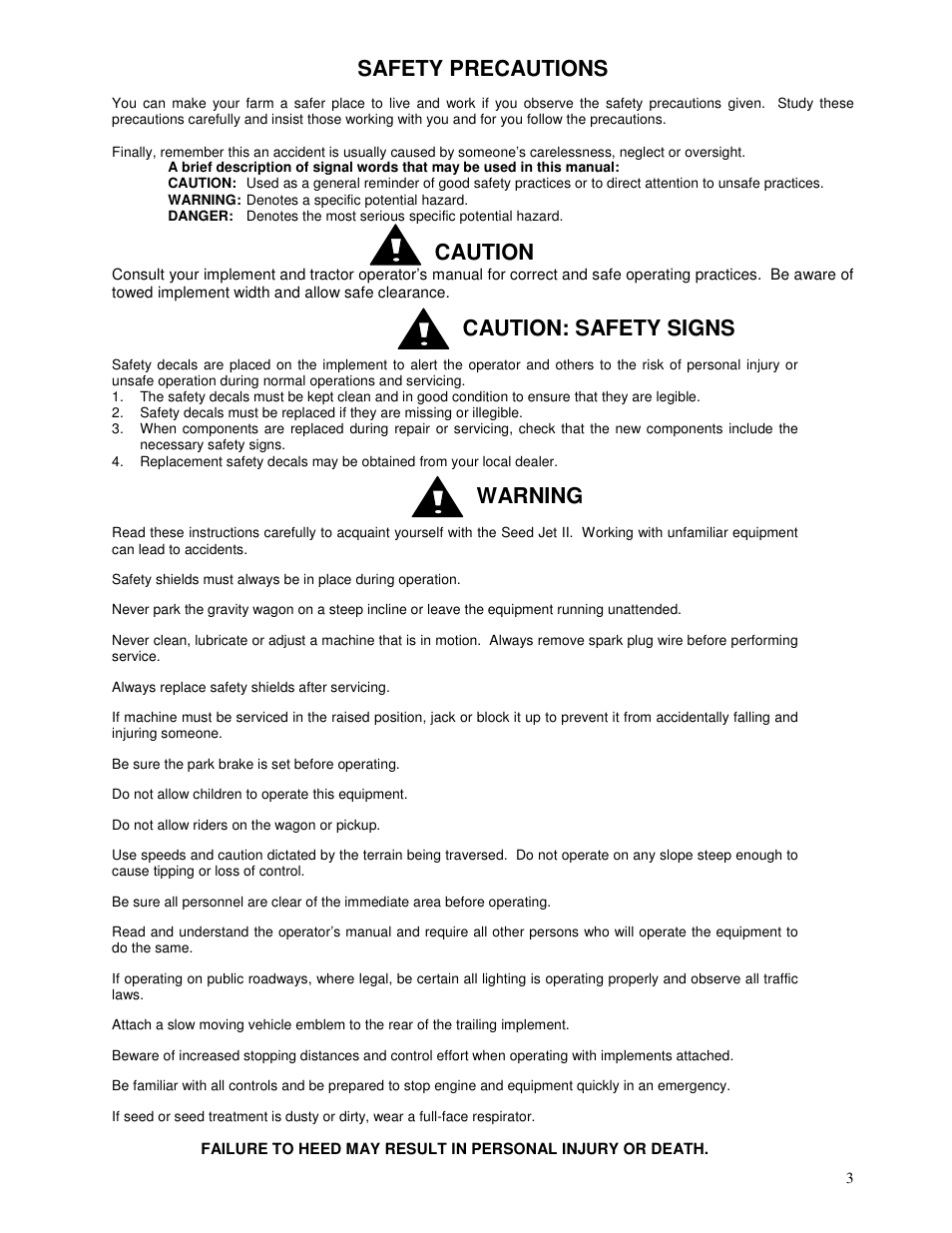 Safety precautions, Caution, Caution: safety signs | Warning | Yetter 2962 R.U.M.D.D.F.O. User Manual | Page 3 / 28