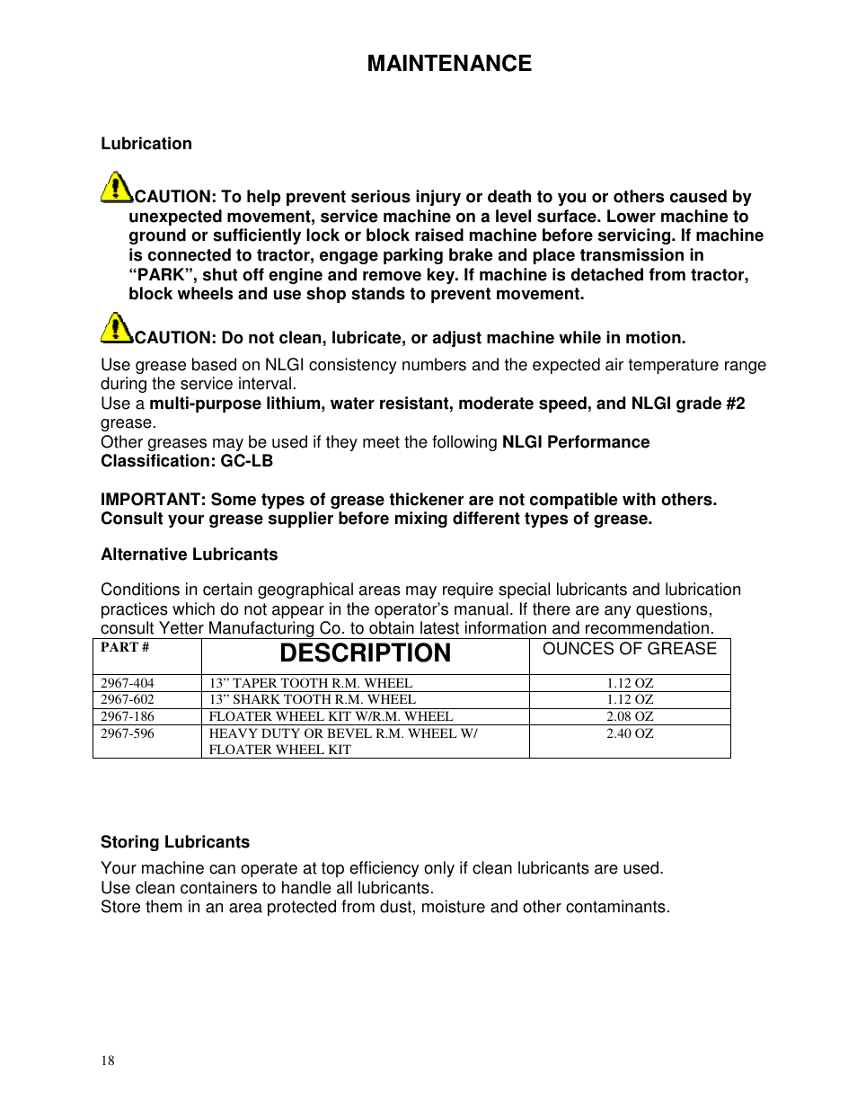 Description, Maintenance | Yetter 2963 Challenger User Manual | Page 18 / 28