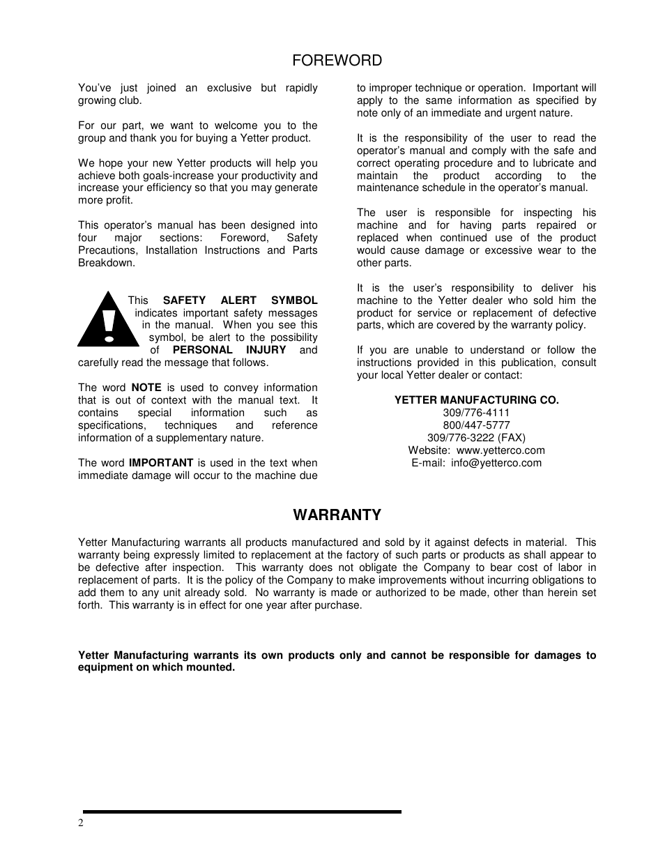 Foreword, Warranty | Yetter 2963 Challenger User Manual | Page 2 / 28