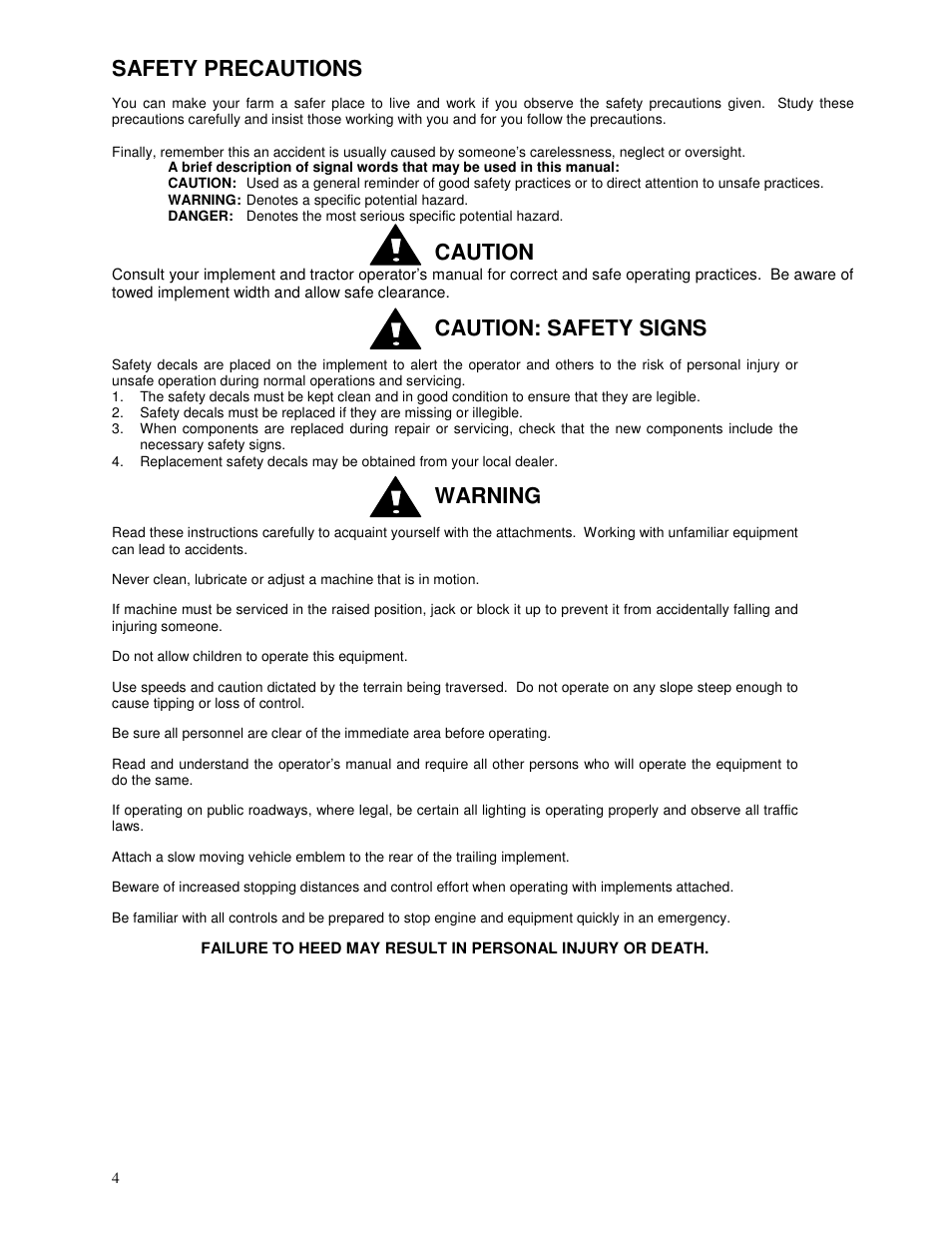 Safety precautions, Caution, Caution: safety signs | Warning | Yetter 2963 Challenger User Manual | Page 4 / 28