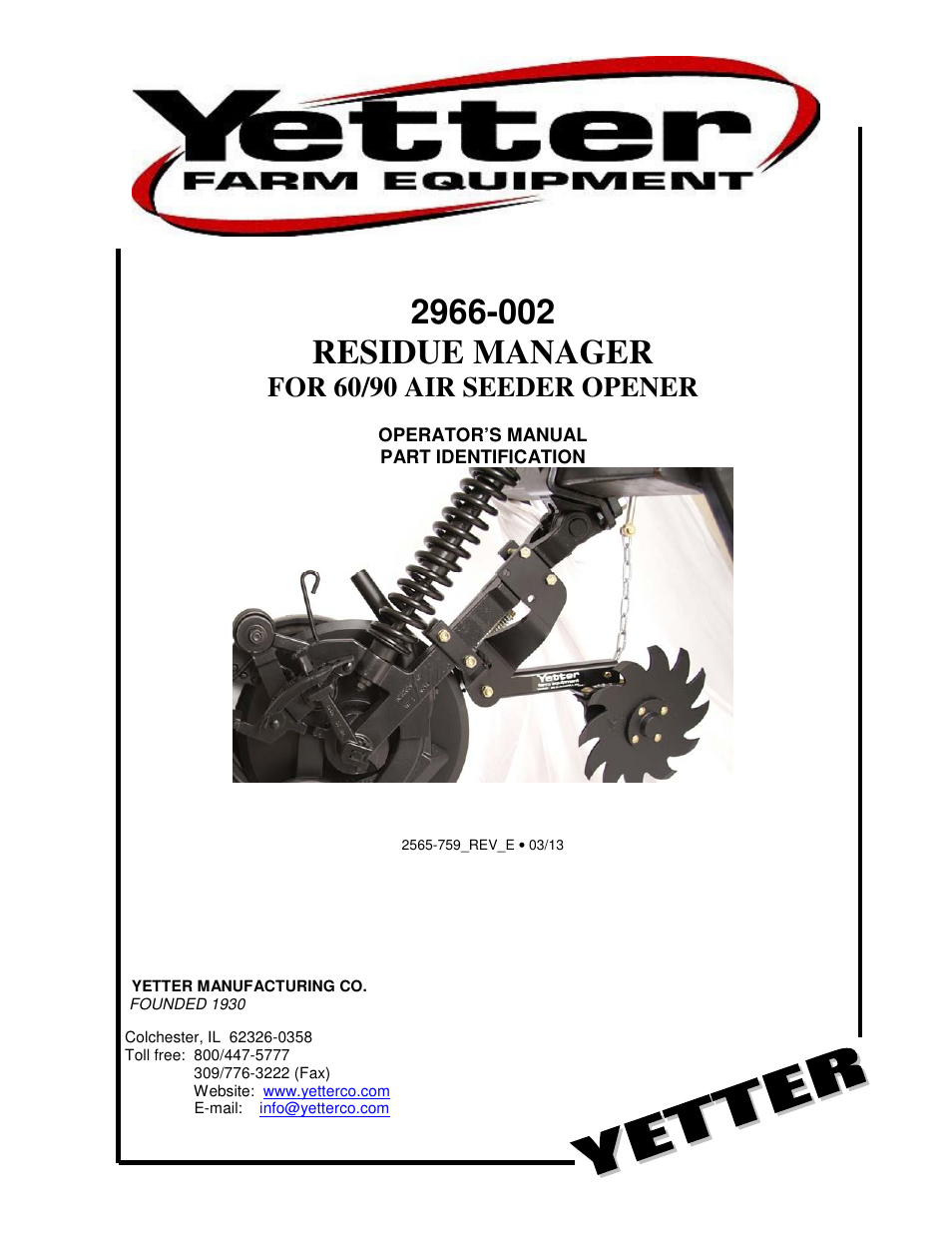 Yetter 2966-002 Residue Manager for 60/90 Air Seeder Opener User Manual | 20 pages