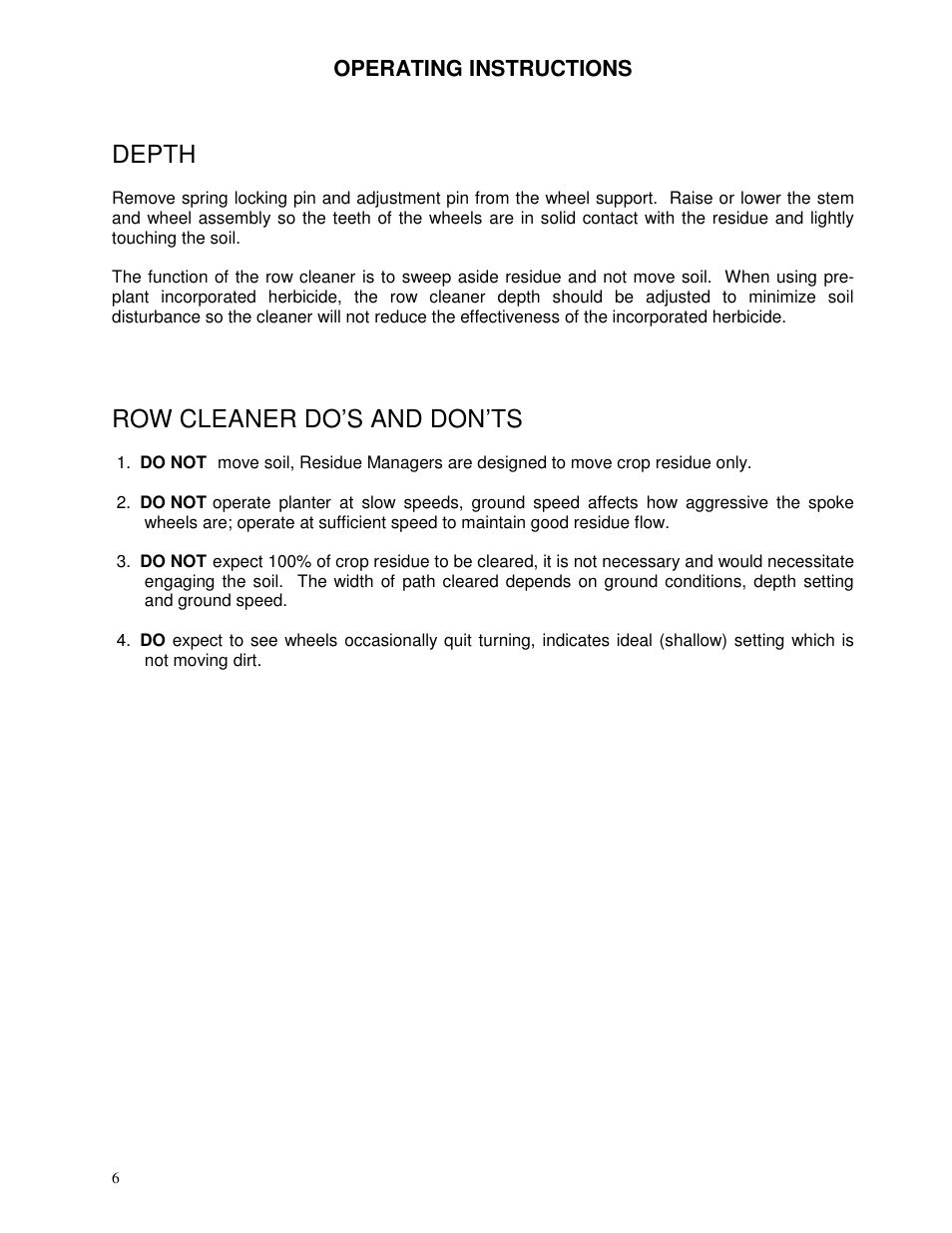 Depth, Row cleaner do’s and don’ts | Yetter 2966-002 Residue Manager for 60/90 Air Seeder Opener User Manual | Page 6 / 20