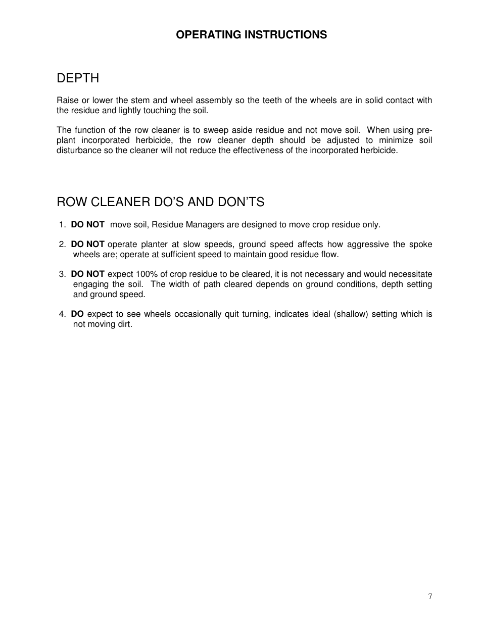 Depth, Row cleaner do’s and don’ts | Yetter 2966-020 JD Hydraulic Drive Twin Row User Manual | Page 7 / 16
