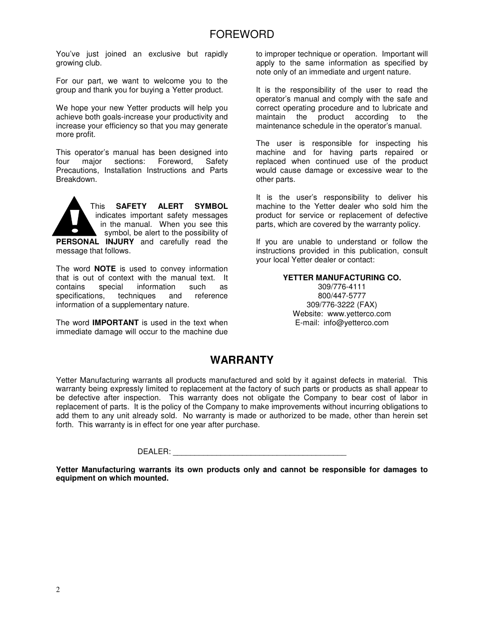 Foreword, Warranty | Yetter 2967 Series Screw Adjust Residue Manager User Manual | Page 2 / 36