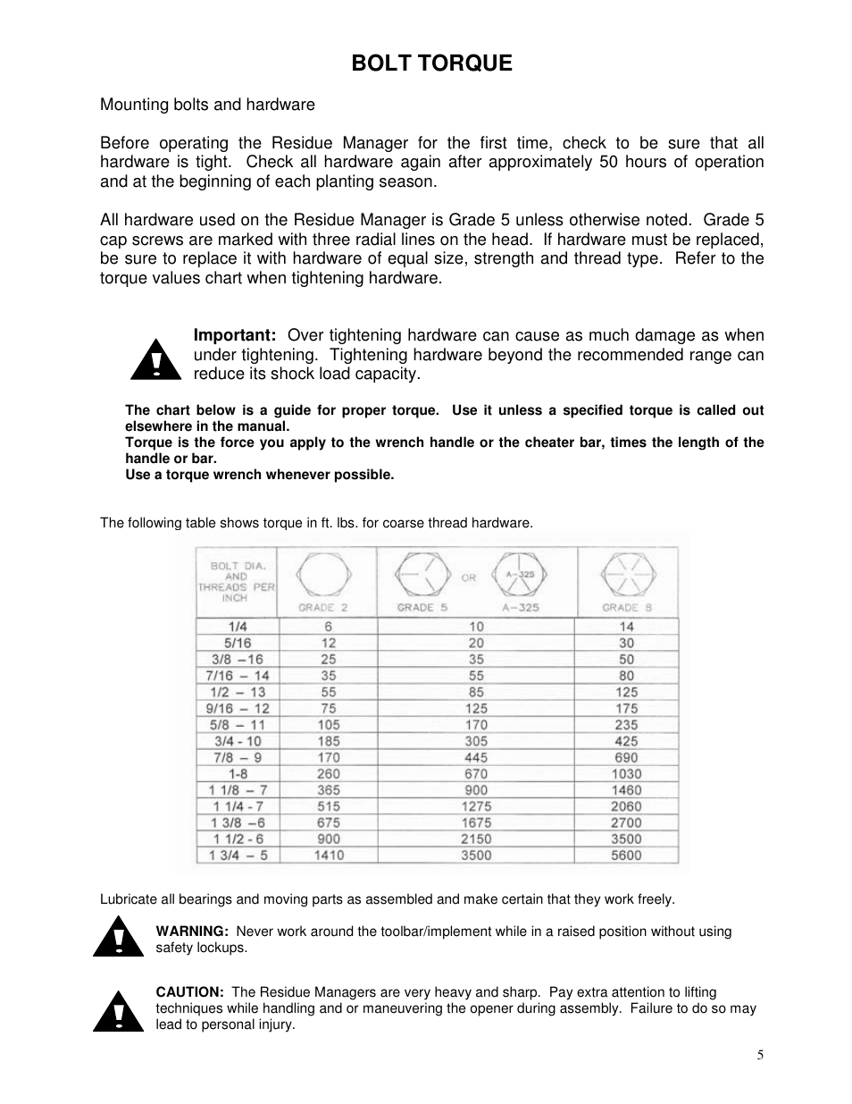 Bolt torque | Yetter 2967 Series Screw Adjust Residue Manager User Manual | Page 5 / 36