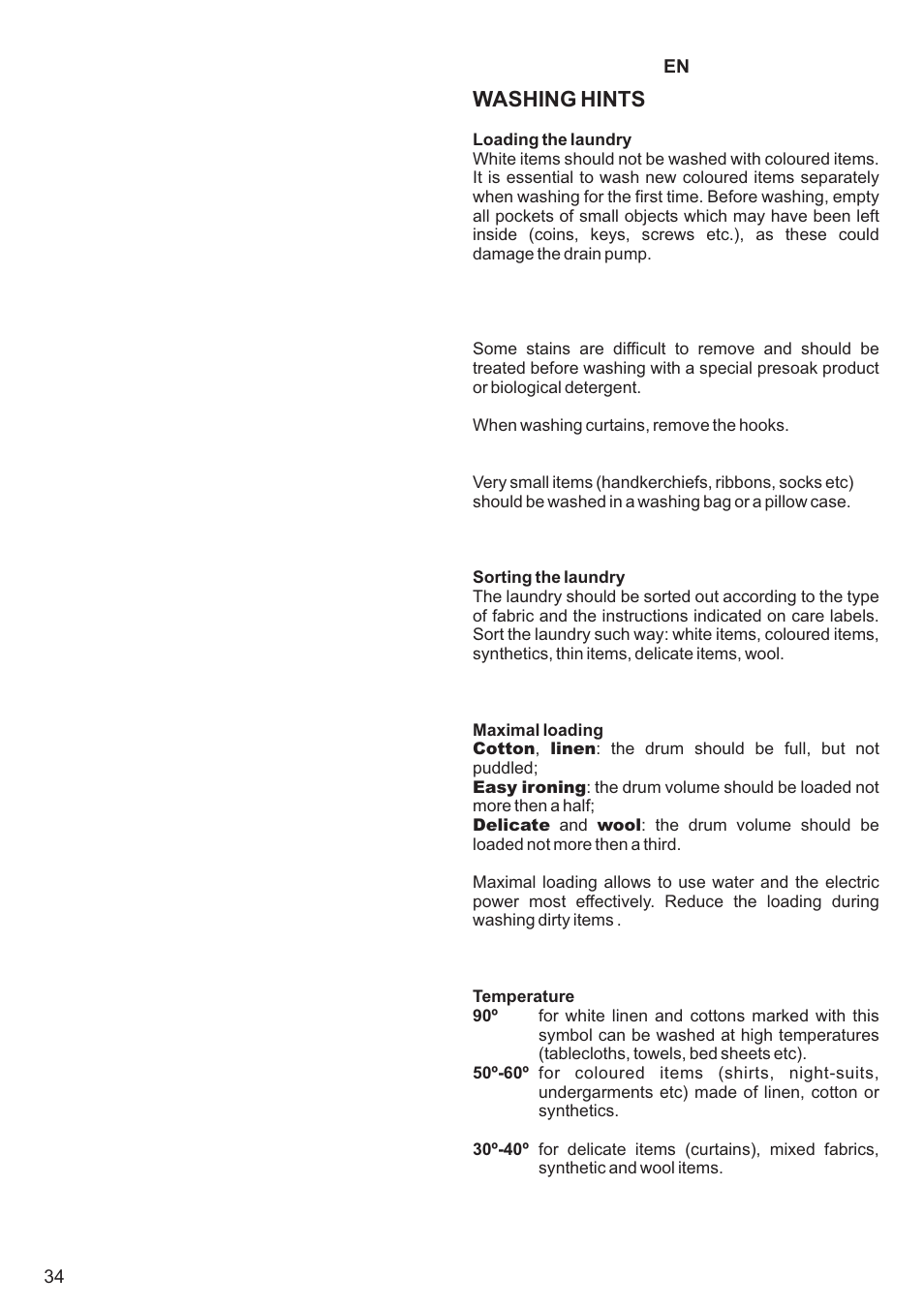 Washing hints | Kaiser С вертикальной загрузкой User Manual | Page 34 / 64