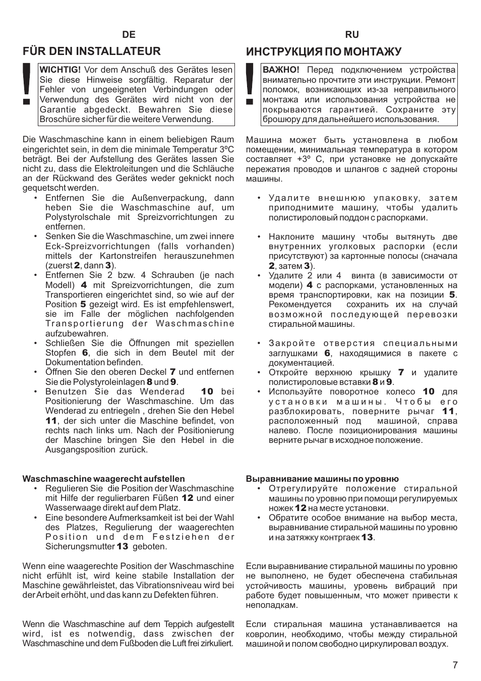 Инструкция по монтажу, Für den installateur | Kaiser С вертикальной загрузкой User Manual | Page 7 / 64