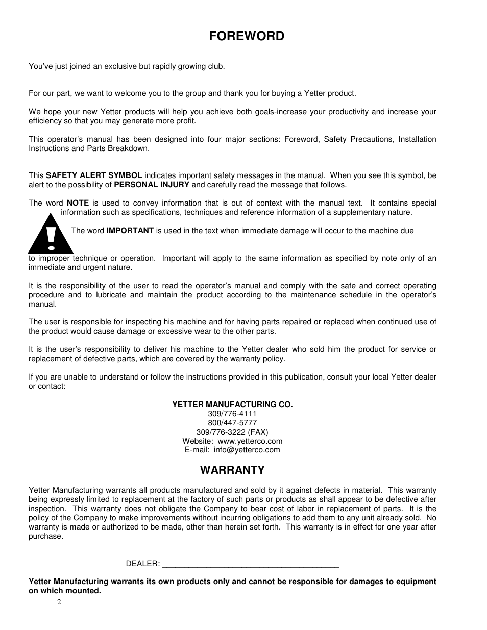 Foreword, Warranty | Yetter 2967-064 Residue Manager User Manual | Page 2 / 24