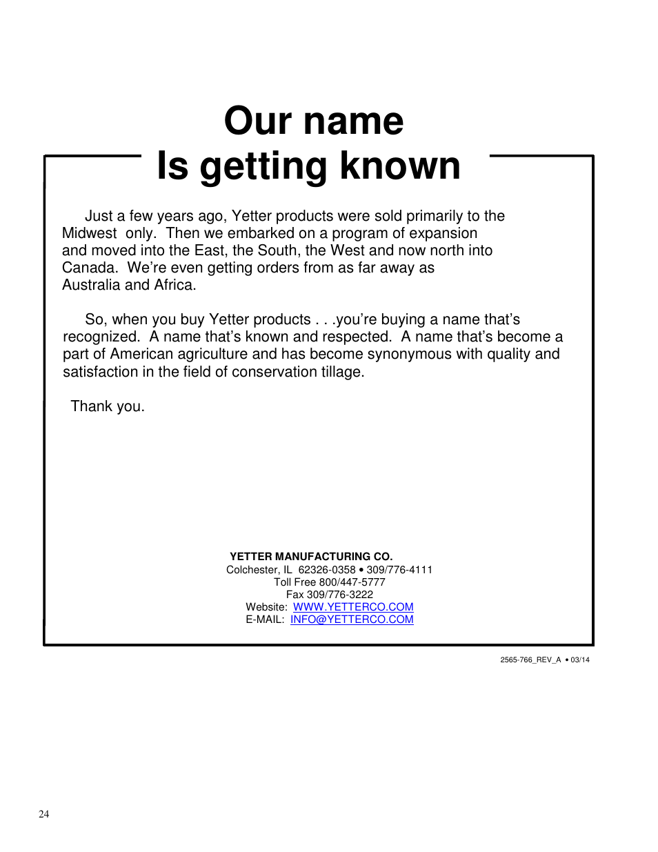 Our name is getting known | Yetter 2967-064 Residue Manager User Manual | Page 24 / 24